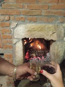 a person holding a glass of wine in front of a fireplace at Мехса in Svetoslav