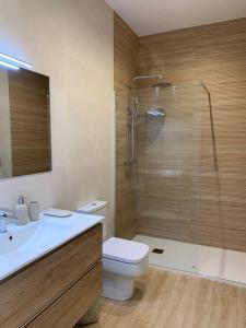 a bathroom with a shower and a toilet and a sink at Luminoso piso con vistas al Puerto in Castro-Urdiales