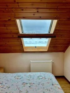 a bedroom with a large window in the ceiling at Bakuriani Haystack Apartment 219 Rooftop Views in Bakuriani