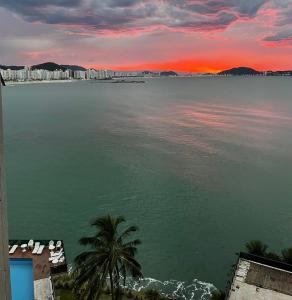 a view of a body of water with a palm tree at Espaço SOSSEGO in Guarujá