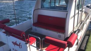 ein Boot mit roten Sitzen am Heck in der Unterkunft Vip Bosphorus Tour in Istanbul