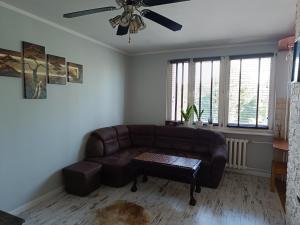 salon z kanapą i wentylatorem sufitowym w obiekcie Apartament ul. Wczasowa 300 m od morza w Ustce