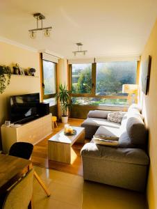 a living room with a couch and a tv at Ático Chill-Out de lujo con piscina y garaje gratis in Vigo