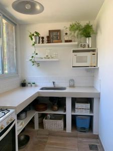 una cucina con lavello e microonde di Duplex Mardifiore Pinamar a Pinamar