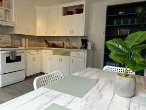 een keuken met witte kasten en een tafel met een potplant bij Stylish 1-BDRM Prime Location, Unit 2 in Halifax