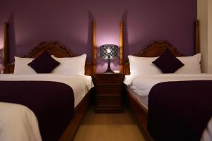 吉安的住宿－大花紫薇田園民宿，一间卧室配有两张床和一盏灯。