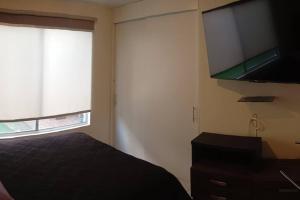 a bedroom with a bed and a flat screen tv at Depto Planta Baja con Patio in Guadalajara