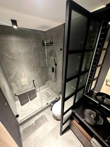 een badkamer met douche en toilet bij Premier Monterrey Retreat 2 in Monterrey