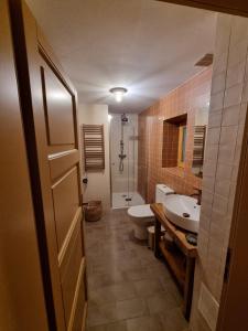 ZłatnaBacmańska Chata z pięknym widokiem przy szlaku jacuzzi Beskidy的配有白色马桶和水槽的浴室