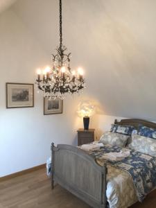 1 dormitorio con cama y lámpara de araña en Les Prémices De La Forêt, en Chailly-en-Bière