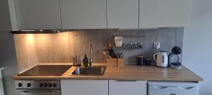 a kitchen with a sink and a counter top at Apartament Blue in Płock