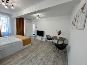 a bedroom with a bed and a table and a tv at Axon Apartments in Oradea