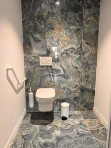 a bathroom with a toilet and a stone wall at L'abri Côtier in Jard-sur-Mer