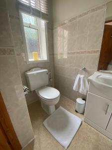 a bathroom with a toilet and a sink and a window at Station Cottage in Acle +9 photos