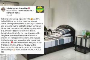 a poster of a bedroom with a bed and a sign at TRP1 - Cozy 2BR Home near Aquaplanet & Clark Airport in Tacondo