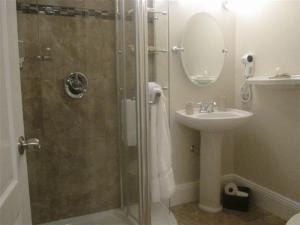 a bathroom with a shower and a sink at Driftwood Heights B&B in Summerside +12 photos