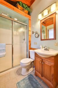 ein Badezimmer mit Dusche, Toilette und Waschbecken in der Unterkunft 4 Bedroom Log Cabin with Stream and Great Location in Lanesville + 16 Fotos