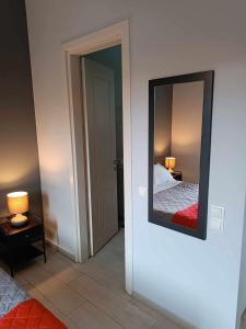 a bedroom with a mirror on the wall and a bed at Andros Guesthouses in Andros