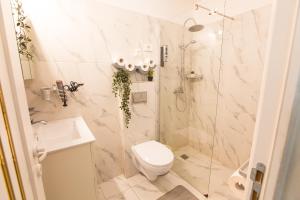 a bathroom with a toilet and a shower and a sink at Royalty Apartment with City Views on Calea Victoriei in Bucharest