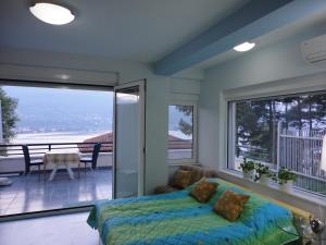 een slaapkamer met een bed en uitzicht op de oceaan bij Accommodation JT Old Town Historical sites in Ohrid