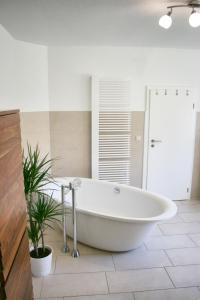 eine große weiße Badewanne im Bad mit Pflanze in der Unterkunft Ferienhaus Drewitz (EOC-FUP 07/2017) in Drewitz
