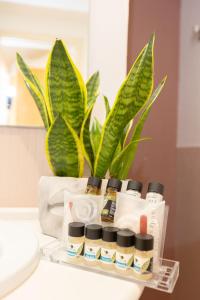 a shelf with toiletries and a plant in a bathroom at Lungomare Suite & Spa in Naples