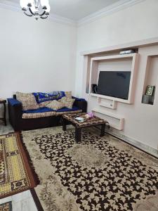 a living room with a couch and a flat screen tv at The great pyramids view inn in Cairo