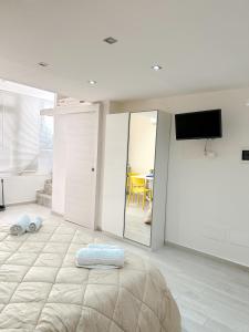 a bedroom with a large bed and a flat screen tv at Le casette di PaMi in Gaeta