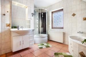 a bathroom with a sink and a shower and a toilet at Ferienwohnung über 2 Etagen in Trollenhagen +14 photos