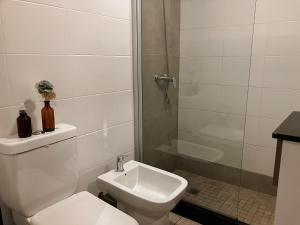 a bathroom with a toilet and a shower and a sink at Alfa Suites en el casco histórico de Salta in Salta +15 photos
