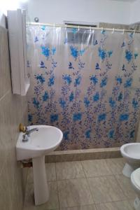 a bathroom with a sink and a shower curtain at Che Sy ha Che Ru in Cosquín
