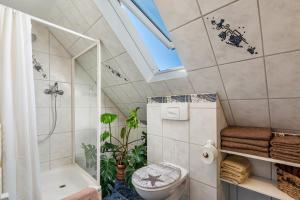 a bathroom with a shower toilet and a sink at Yvette's Ferienwohnung in Lugau +22 photos