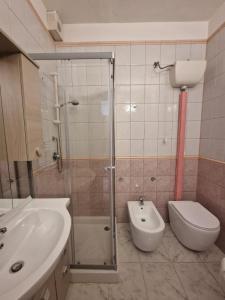 a bathroom with a shower and a toilet and a sink at Casa Marina in Tortolì +5 photos