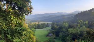 widok na zieloną dolinę z górami w obiekcie Balmy Hideout Cafe'& Homestay w mieście Ban Huai Kaeo