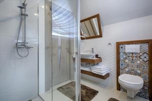a bathroom with a shower and a toilet and a sink at Gordonówka Residence & SPA- sauna i jacuzzi-przeżyj niezapomniany pobyt in Szaflary