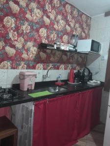 a kitchen with a sink and a wall with flowers at Hospedagem Mariano in Arraial do Cabo