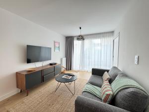 a living room with a couch and a tv at Le Petit Mail, Centre de Rennes in Rennes