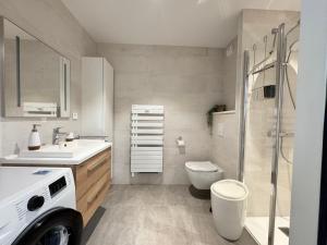 a white bathroom with a toilet and a sink at Le Petit Mail, Centre de Rennes in Rennes