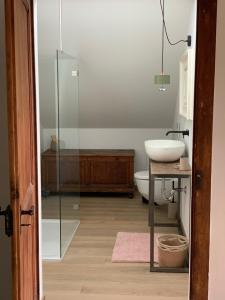 a bathroom with a sink and a glass shower at 'Le Petit Clos Suites'- Charming Getaway on Leman Lake in Nyon