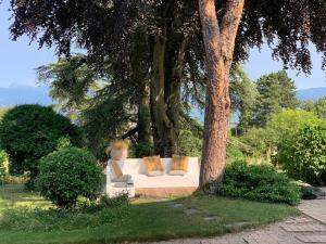 a white couch with pillows sitting under a tree at 'Le Petit Clos Suites'- Charming Getaway on Leman Lake in Nyon