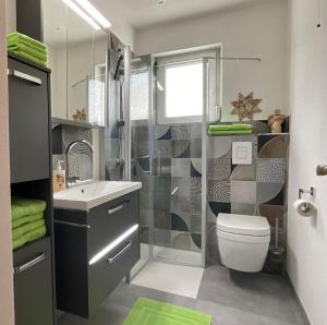 a bathroom with a shower and a toilet and a sink at Haus Anne und Peter in Fischbach +36 photos