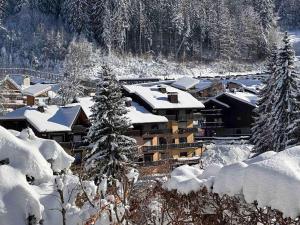 miasto pokryte śniegiem drzewami i budynkami w obiekcie Studio 4 pers au pied des pistes, balcon, casier à skis, TV - FR-1-572-178 w mieście Arâches-la-Frasse