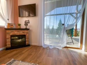 a living room with a fireplace and a large window at Cozy Living in Dealu Negru