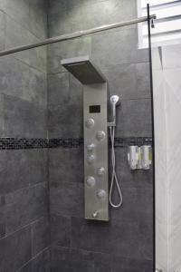 a shower with a shower head in a bathroom at Couple's getaway studio in San Juan