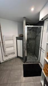 a bathroom with a shower with a glass door at Escapade Cambresienne in Cambrai