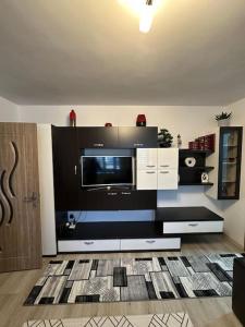 a living room with a large tv on a wall at Straja Braii Apart in Lupeni