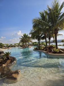 a swimming pool with palm trees on a beach at Casa de Alto Padrão na Represa de Avaré in Paranapanema