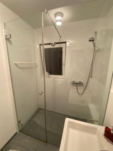 a bathroom with a glass shower and a sink at Ferienwohnung Wulf Sylt EG in Wenningstedt +13 photos