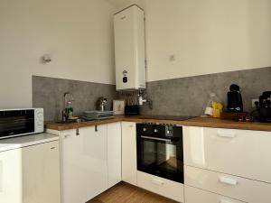 una cucina con mobili bianchi e un forno a microonde di Appartement au coeur de la ville a La Ferté-Bernard Altre 4 foto