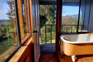 a bath tub in a room with a window at A-Frame Cabin with Sauna Deja Vu in Brookings